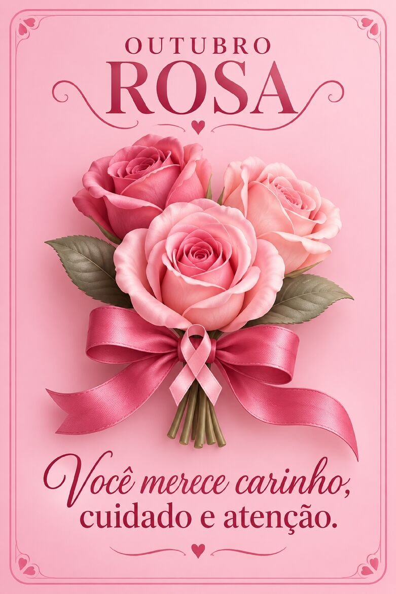 Cartão Outubro Rosa com buquê de três rosas rosas e laço de fita com símbolo de conscientização